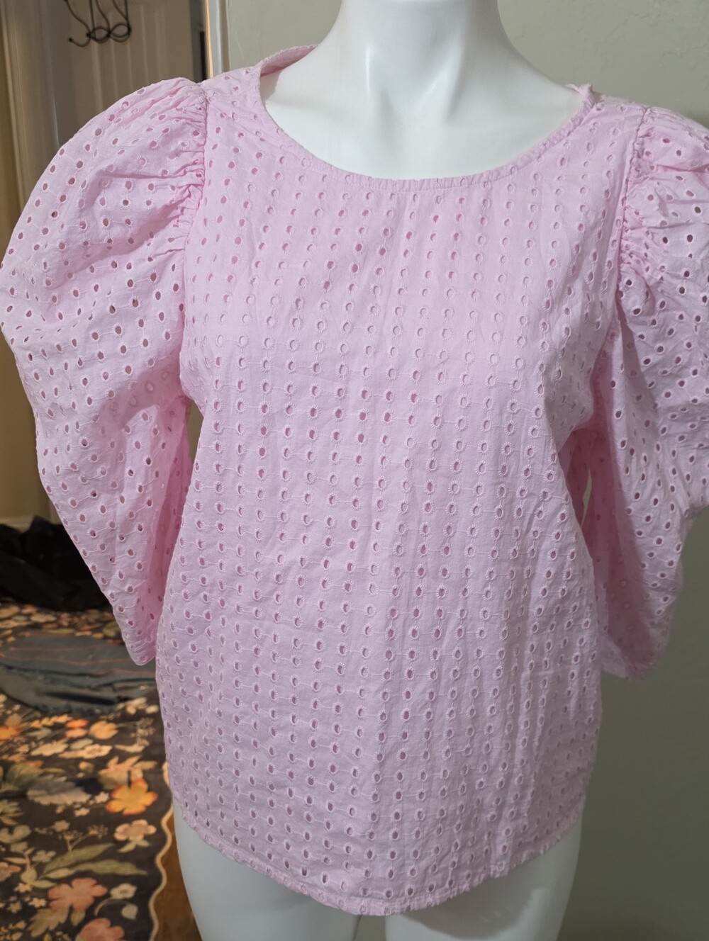 a new day Light Pink Eyelet Puff-Sleeve Blouse